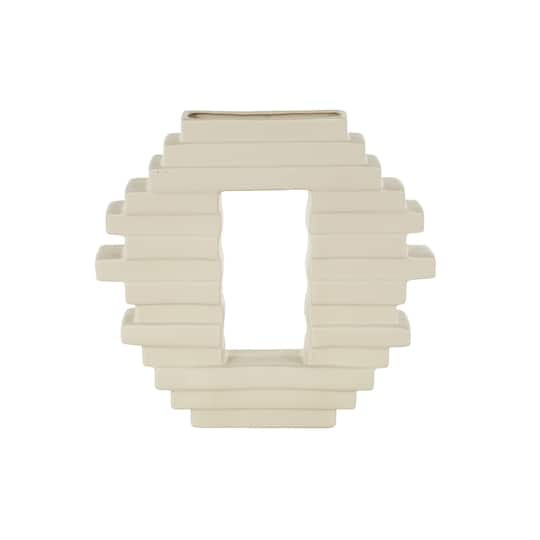 13" Cream Ceramic Abstract Decorative Vase with Rectangular Center Cutout